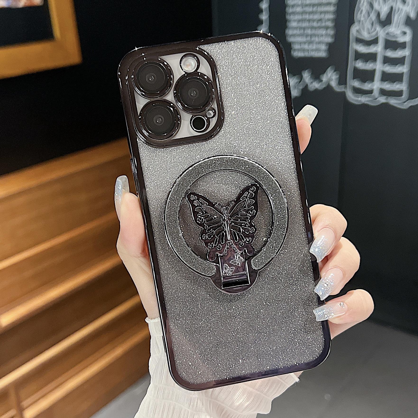 

For Apple 16 Butterfly Bracket Phone Case for IPhone 15 Promax Plated Mirror Gradient Sparkling Powder 14 Hard Cover For iPhone7plus/8plus