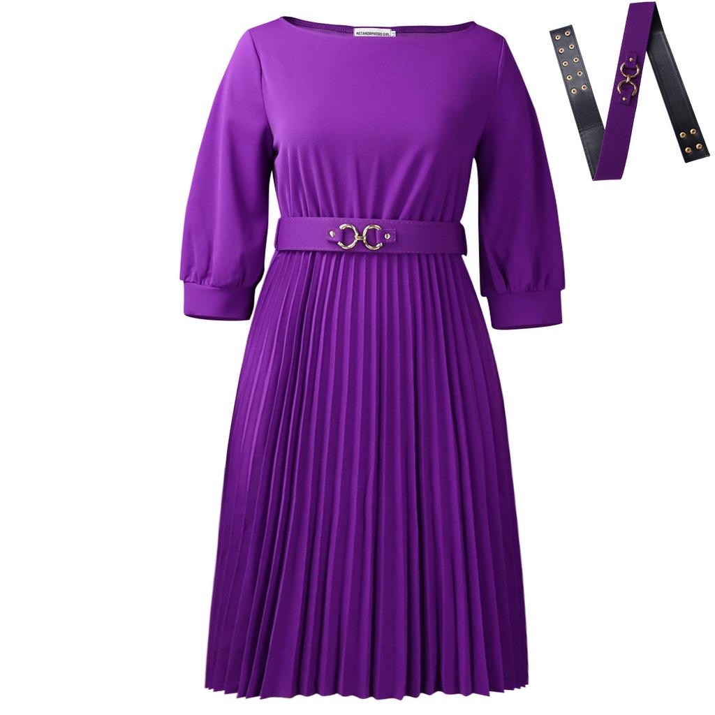 New Women's Clothing - Stylish and Elegant Round-neck, Three-quarter Sleeve Pleated Dress