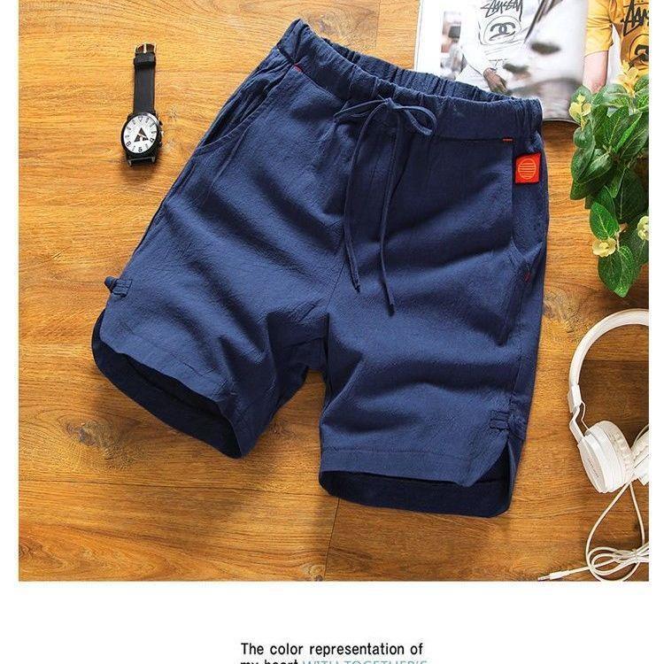 Men's White Linen Ethnic-Style Three-Quarter Summer Shorts