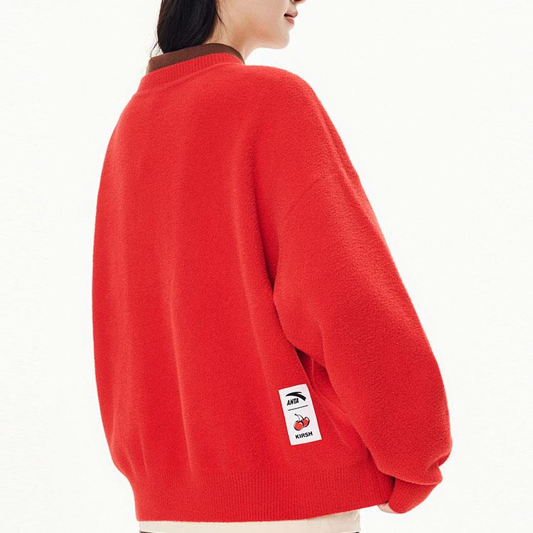 Anta X Kirsh Collaboration Cherry Letter Long Sleeve Pullover Sweatshirt Women Sweatshirt Deep-Red 962348725-4