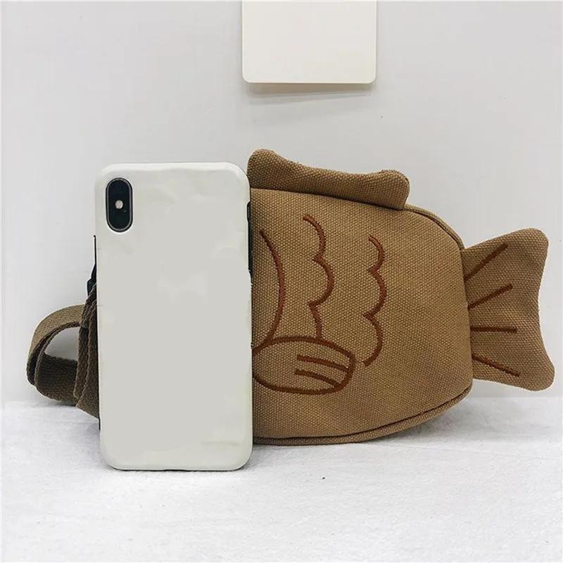 Yogodlns Fish Shape Canvas Messenger Bag Fashion Cute Embroidery Portable Zippered Small Purses Handbags Mini Crossbody Bag