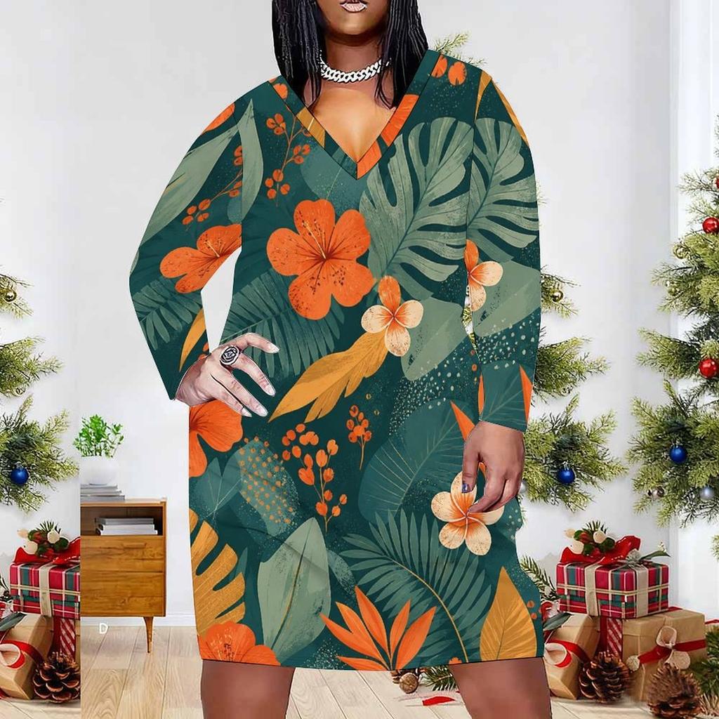 Women Plus Size V Neck Long Sleeve Red Floral Printed Fitted Straight Hem Dress