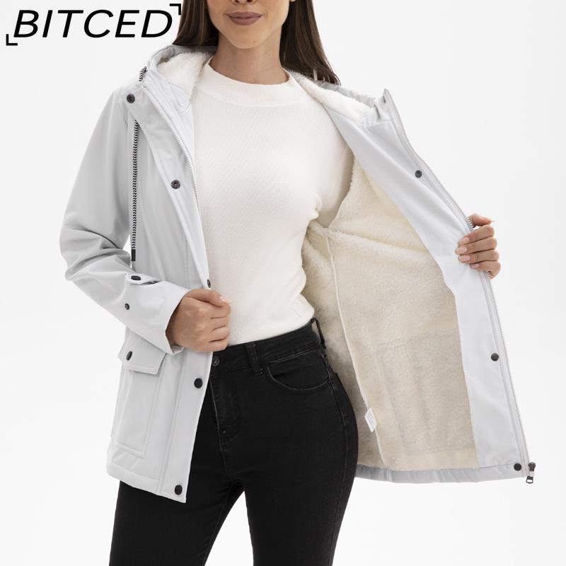 BITCED Women's Spring/Autumn Hooded Trench Coat with Fleece Lining and Water-Repellent Finish Long-Sleeved Zip-Up Cardigan