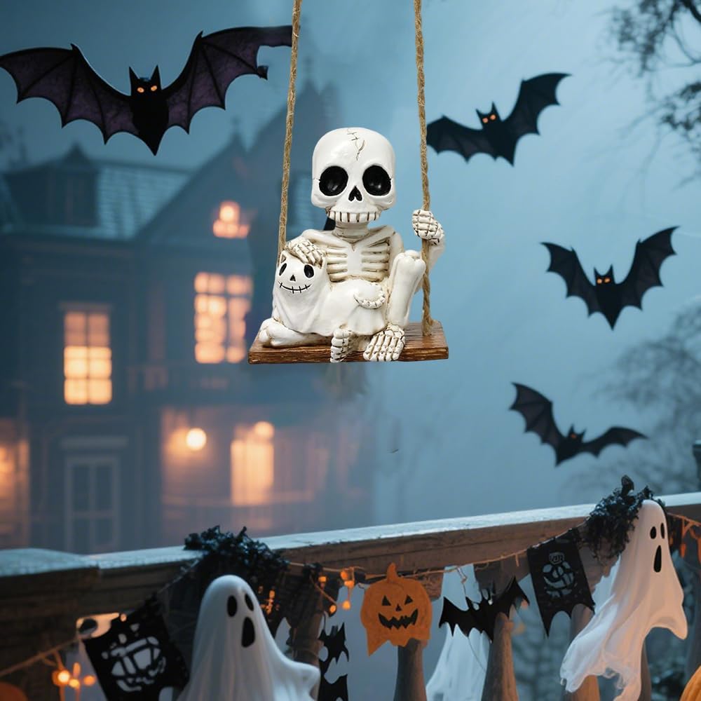 1pc Halloween Swing Skull Holding Ghost Cat Statue Garden Home Furnishing Bedroom Outdoor Balcony Decoration Party DIY Supplies