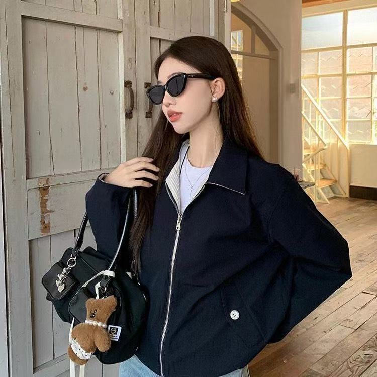 Women's Striped Collar Reversible Jacket Retro Design Loose Casual Versatile Top for Spring and Autumn