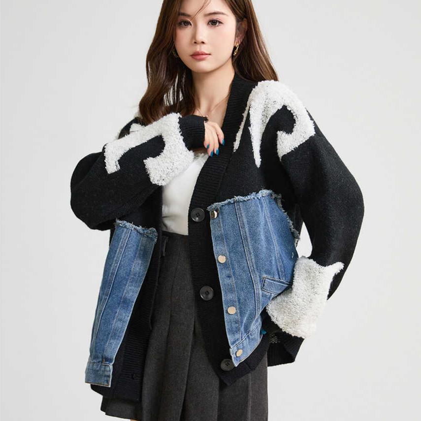 Dimanaf 2025 Autumn New Jacket Women Letter Print Sweaters Coat Patchwork Wadded Coat Cardigan Knitting Pockets Fake Two-Piece Sweater