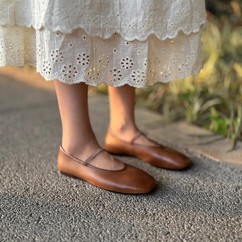 Johnature Genuine Leather Shallow Elastic Band Women Flat Shoes Versatile Round Toe Solid Color Slip-on Shoes