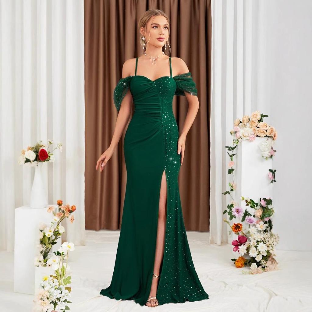 Off-Shoulder Spaghetti Strap Fishtail Evening Dress with Slit - New Slim Fit Gown for Annual Meeting or Special Events 2025