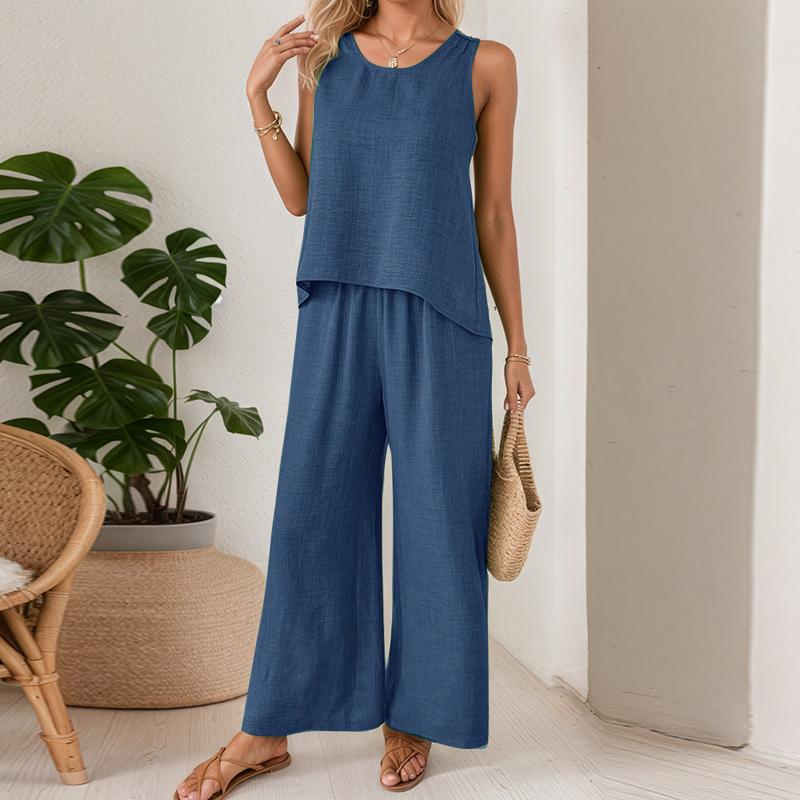 

ZANZEA Летние комплекты из двух предметов: топы-жилеты с вышивкой и брюки с открытой спиной 2XL синий