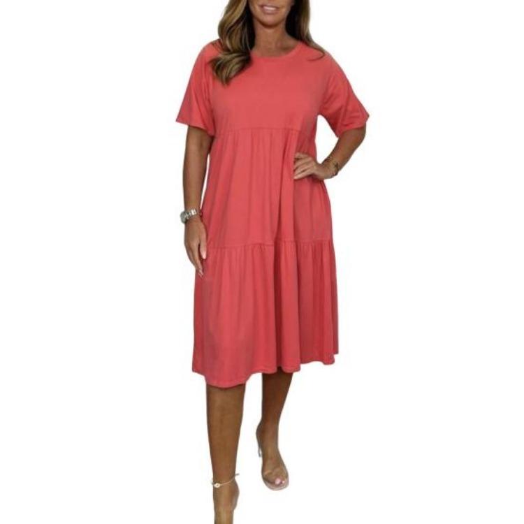 

Summer Casual Dress Women Flowy A-line Tiered Midi Sundress Short Sleeve Crew Neck Loose Beach Dress for Vacation Travel S красный