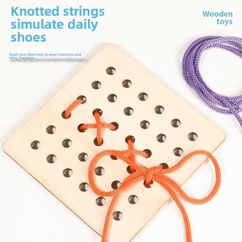Player Wooden Double Rope Threading Board Game For Kids Learning Development