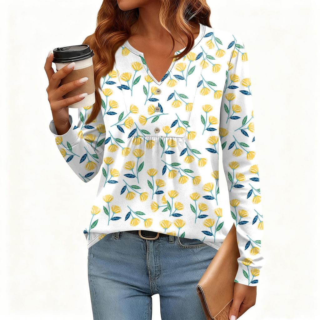 Γυναικείο Χαλαρό, V-λαιμόκοψη, Ρετρό Χρώμα, Μπλοκ με Φλοράλ Σχέδιο, Μακρυμάνικο Πουλόβερ T-shirt