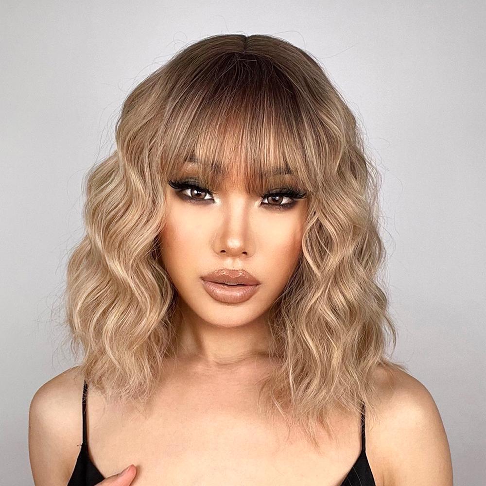 MISS WIG Short Bob Wavy Synthetic Wig For Women With Bangs Blonde Ombre Medium Wig Heat Resistant Fiber Hair Party Cosplay