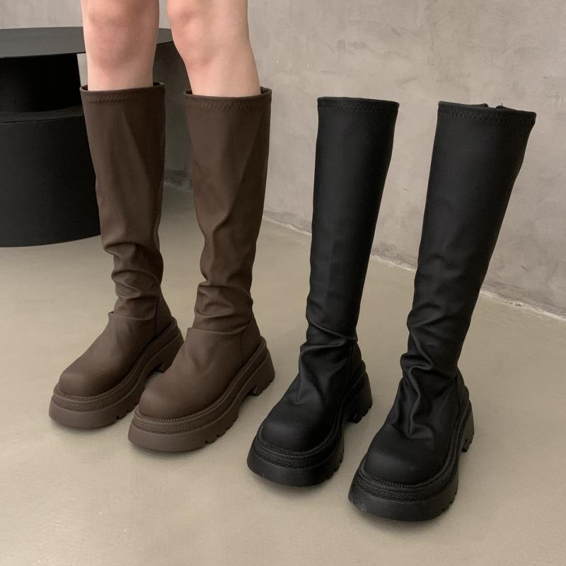 Fashion Autumn Winter Cosy Soft Leather Woman Knee High Boots Designer Round Toe Long Booties Square Heels Shoes