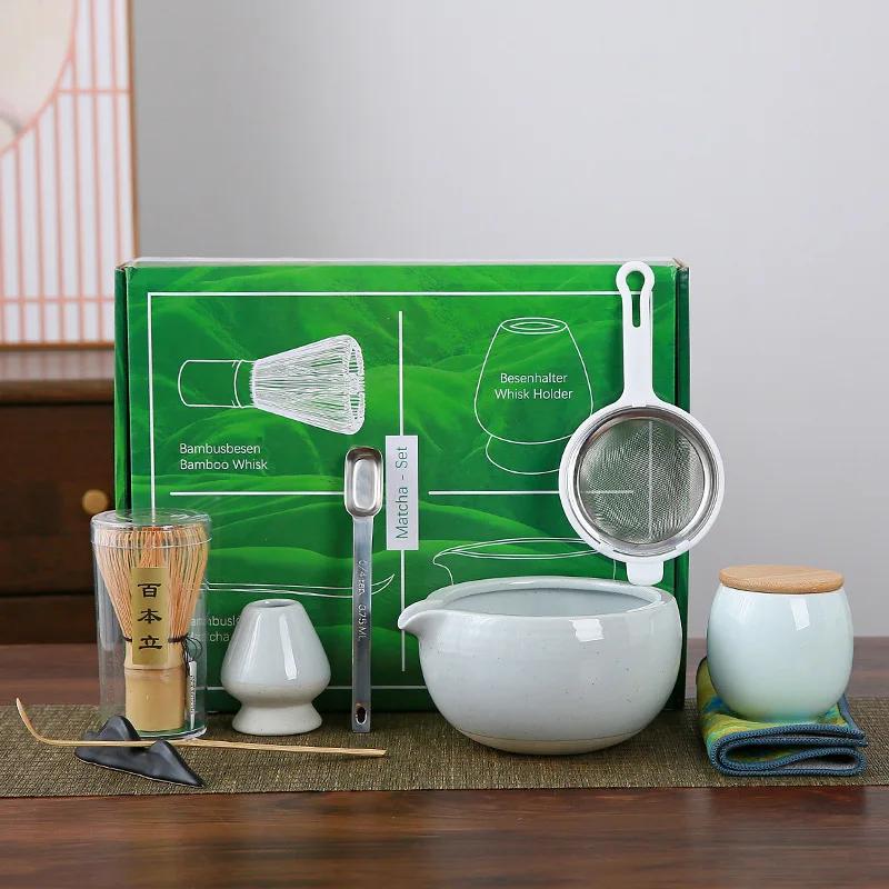 9pcs/set Japanese Ceramic Matcha Gift Box Green Tea Chasen Holder Stand Bowl Bamboo Whisk Grinder Brushes Tea Tools Holder Tea