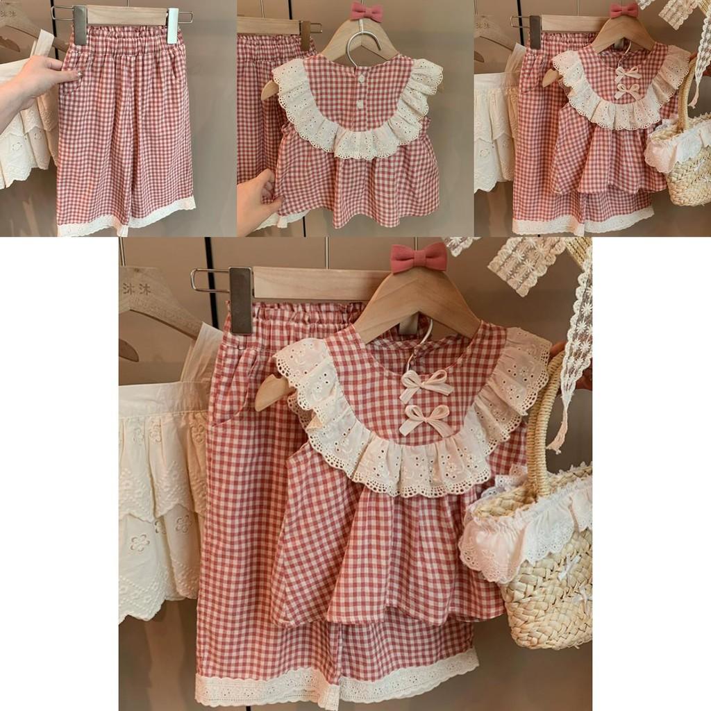 Cute Pink Summer Set For Girls Featuring Stylish Plaid Dress And Lace Trim Top For Ages Eight And Up