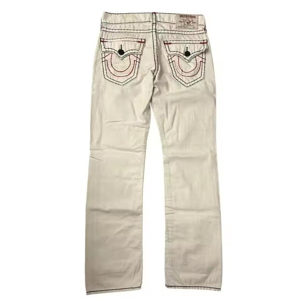FlowStreet Harajuku Vintage Y2K Vita Jeans Herr och Dam Gotiskt Punkbroderimönster Låg Midja Löst Sittande Jeans Trendiga Nya Streetwear