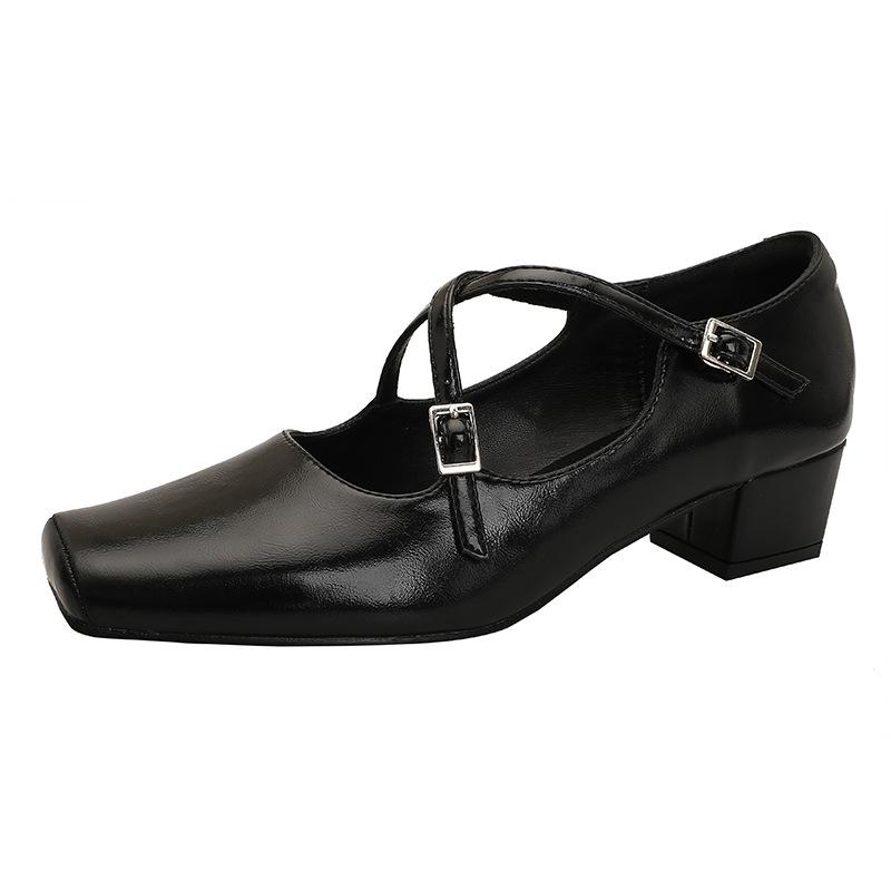 

Французские туфли на среднем каблуке с перекрестными ремешками, с маленьким квадратным носком, ретро женские туфли, толстый каблук, неглубокий вырез, туфли на высоком каблуке 39