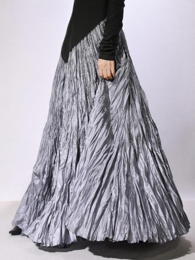 Women's 2026 Spring Textured Pleated Skirt - High Waist, Large Hem, Long Length, Simple Style