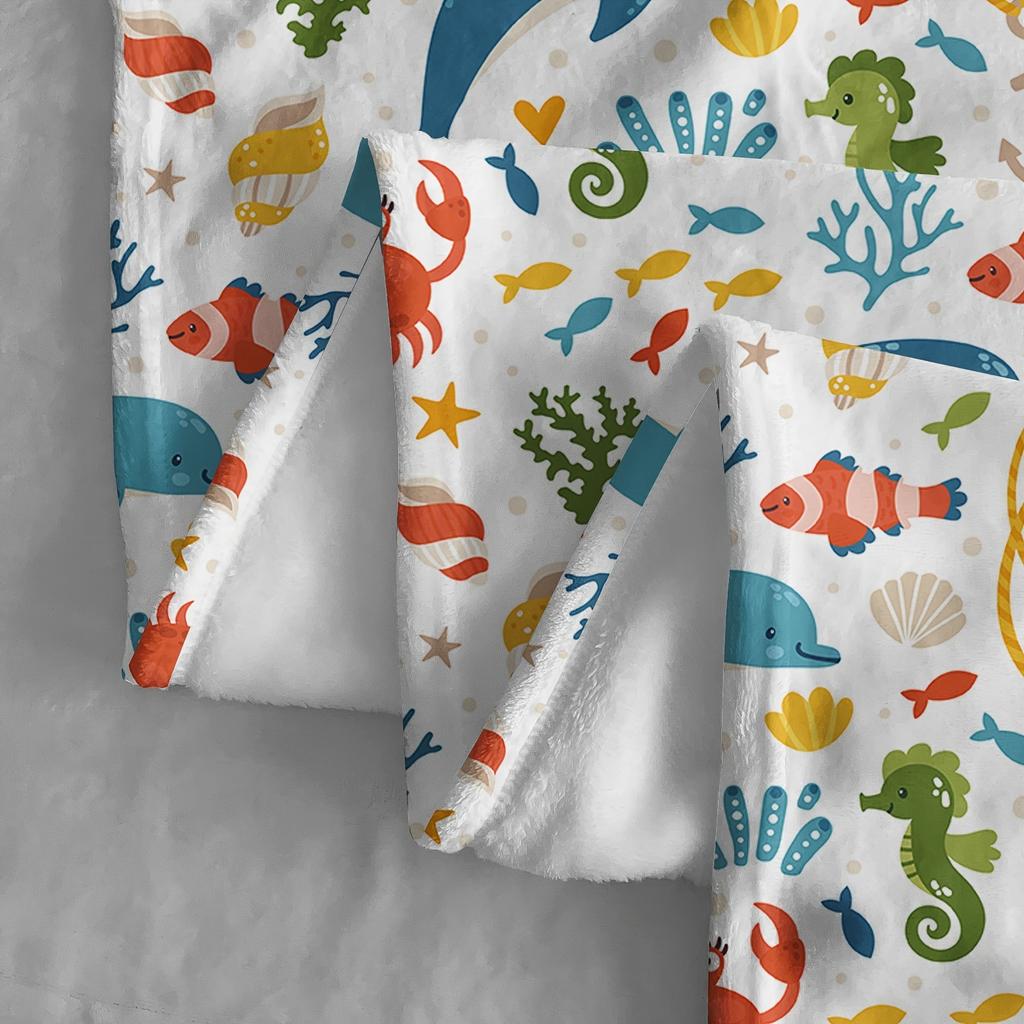 1pc Vibrant Marine Life Flannel Throw Blanket - Cozy, Soft, and Warm with Dolphins, Crabs, and Sea Plants Print - Ideal for Couc