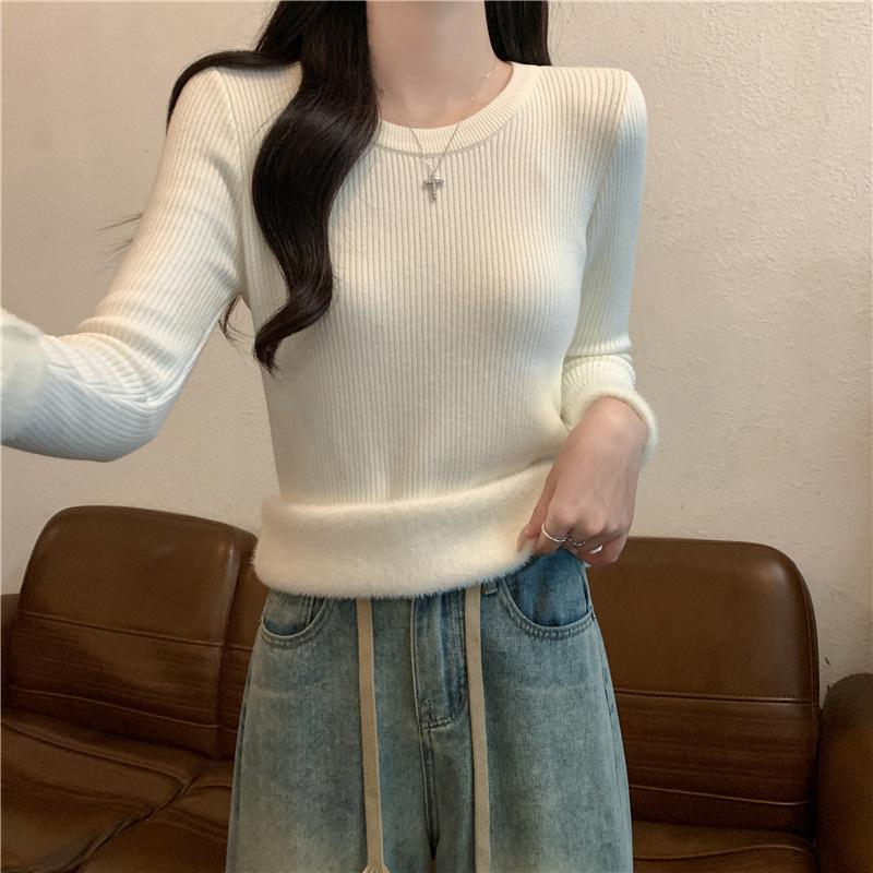 

Осень и зима новый свитер с круглым вырезом, облегающий, с длинным рукавом, базовый трикотажный топ, тонкий внутренний свитер для весны и осени, женский One size fits all [recommended 80-60kg] абрикосовый