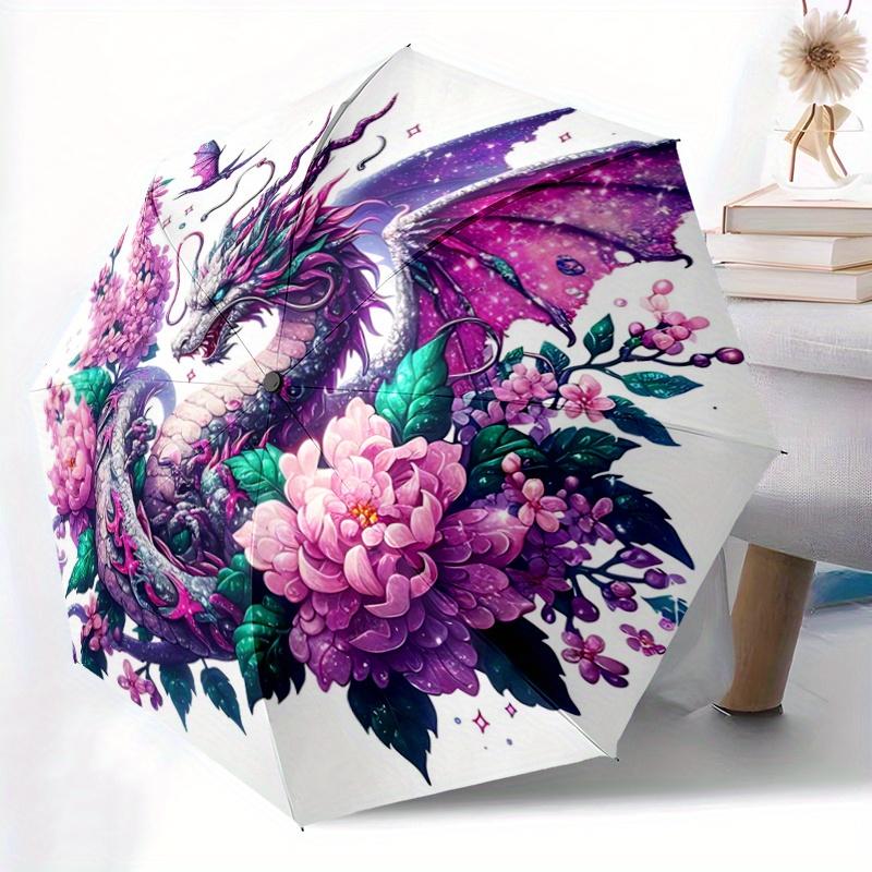 1pc Fantasy Dragon Floral Pattern Umbrella, Fashionable, Personalized, High-Value Folding Umbrella, a Must-Have for Summer, 8-Rib Durable Iron Frame,