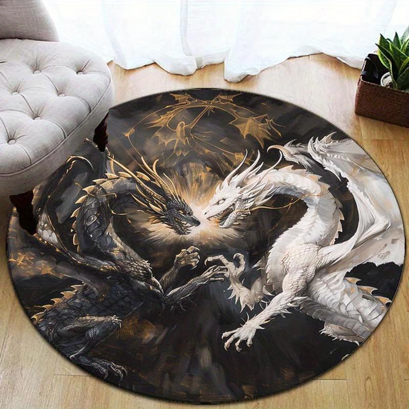 

Crystal Velvet Round Rug with Stunning Black and White Double Dragon Print – Non-Slip, Vibrant Home Decor for Bedroom or Living Room, Rugs f 80cm