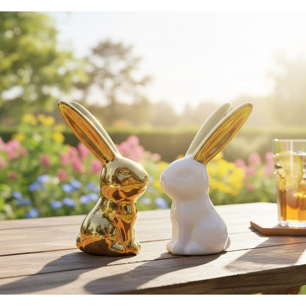 Home Decor Rabbit Statues,1 Pair, Small Decorative Accents for Shelves, Livingroom and Bedroom, Gold and White (Rabbit)
