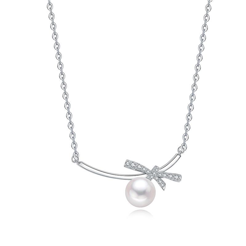 S925 Sterling Silver Bow & Freshwater Pearl Necklace