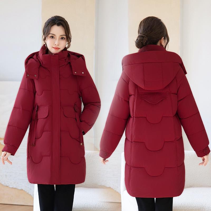 Middle-aged and elderly medium and long hooded cotton-padded clothes women's drawstring waist cotton clothes thickened warm jacket entity