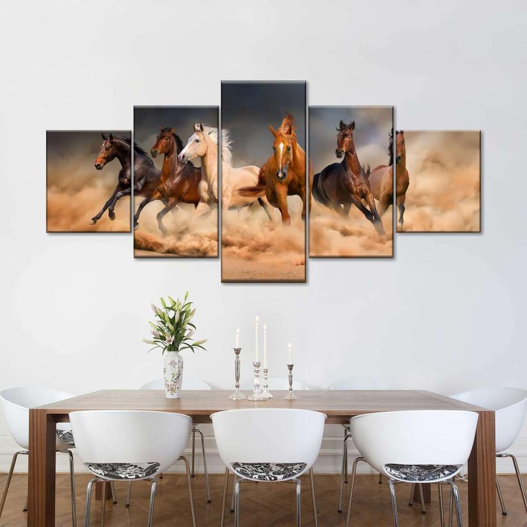5 Panel Clashing Wild Horses Wall Art Running Horses Canvas Painting Horses On Beach Posters for Living Room Wall Decor No Frame