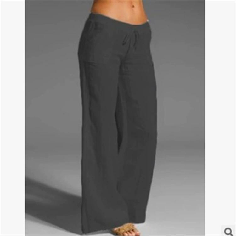 Women Cotton Linen Pants Solid Color Beach Pants Elastic High Waist Wide Leg Yoga Pants