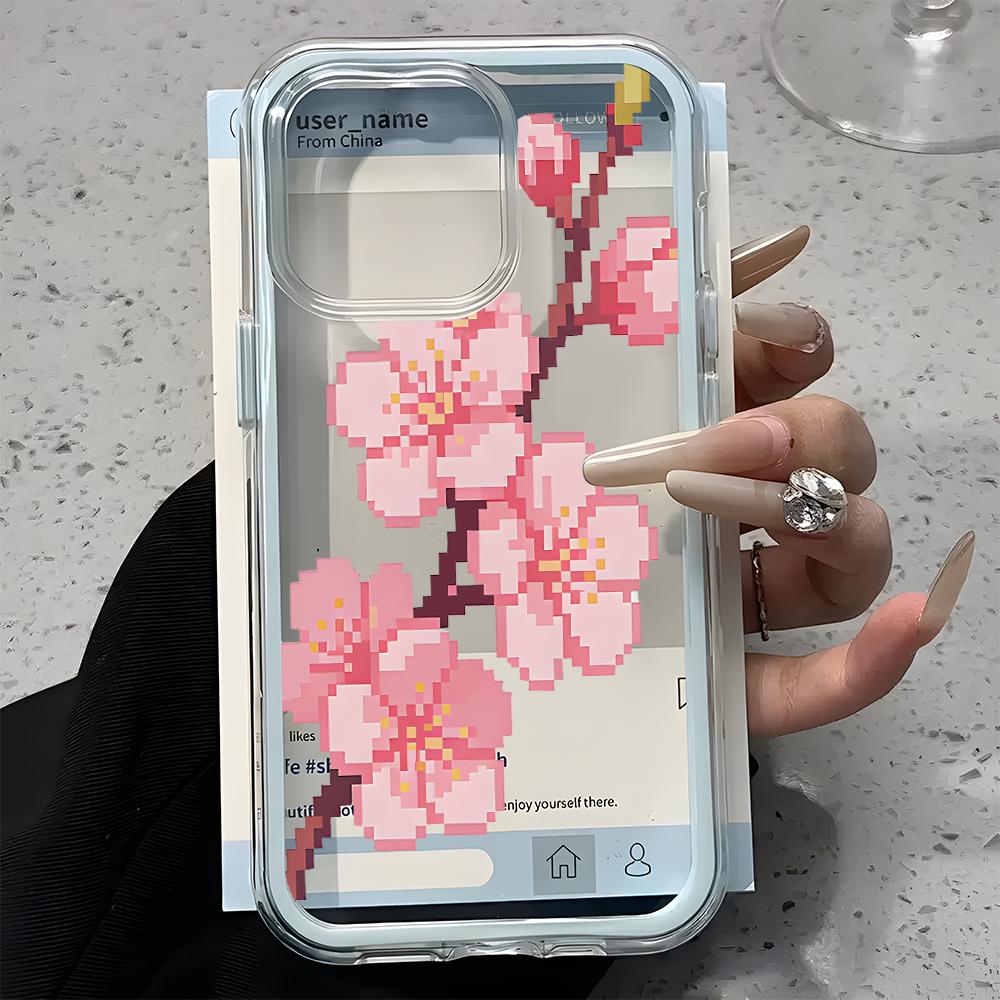 Pink Pixel Cherry Blossom Phone Case For iPhone 17 16 15 14 13 12 11 Pro Max Air 14 Plus 2 In 1 Candy Color Clear Silicone Cover