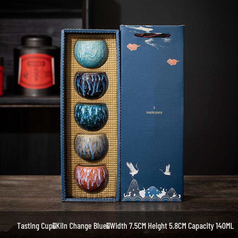 Kiln-Change Five Elements Ceramic Tea Cup Set with Tianmu Glaze