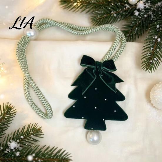Reusable Christmas Decorations Tree Curtain Tieback, Green Velvet Holder with Bow And Festive Door Handle Pendants Faux Pearl, Decorative Drape