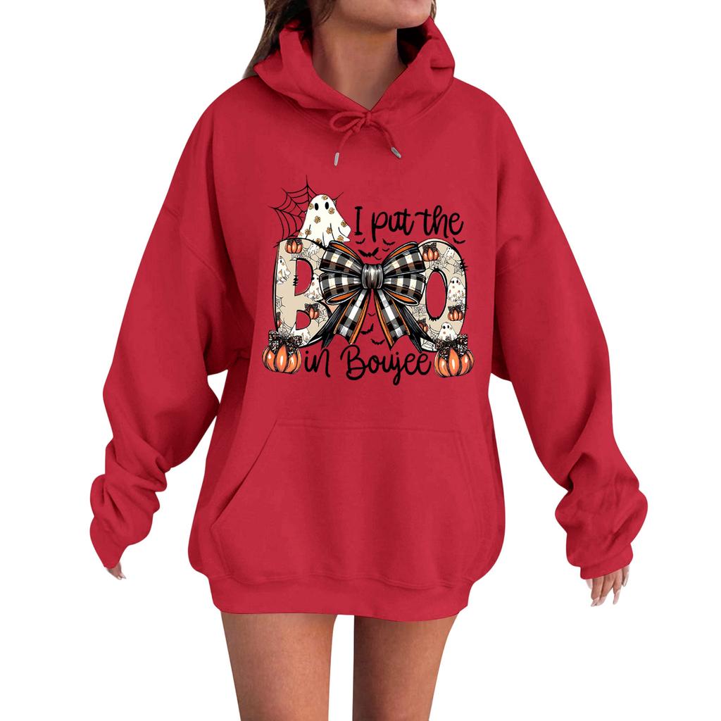 Women's Casual Fashion Comfortable Round Neck With Hood Long Sleeve Halloween Print Warm Sweatshirt
