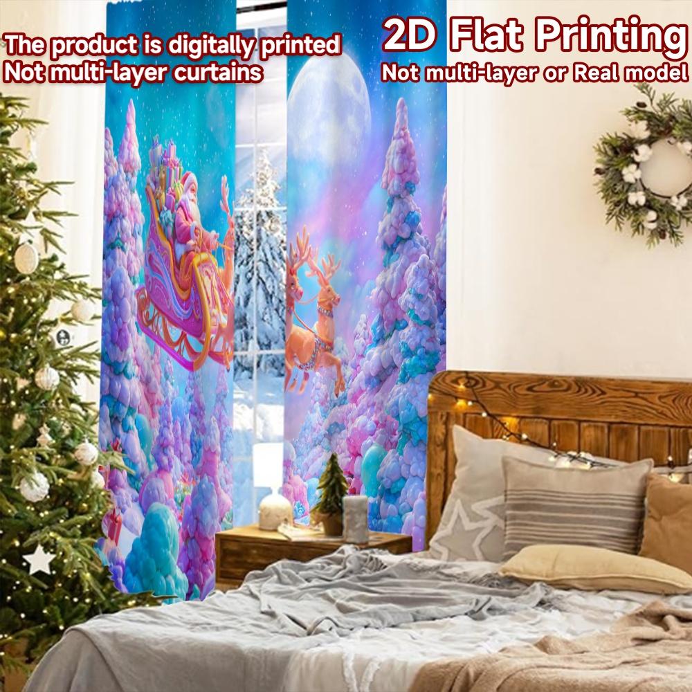2pcs, 2D FLAT PRINTING Curtains (Without Rod) Santa Sleigh Ride Halloween Festival Creative Curtains Polyester Curtains