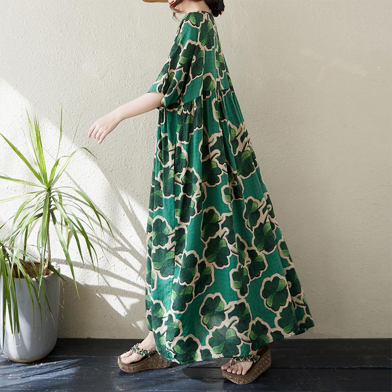 DIMANAF 2024 Plus Size Dress New Summer Basic Loose Women O-Neck Vintage Short Sleeve Big Size Beach Long Dress