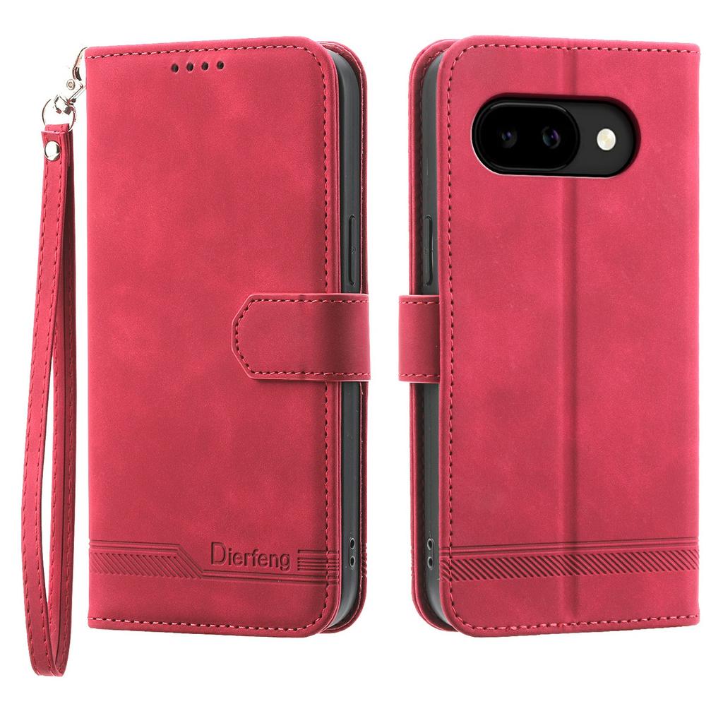 DIERFENG DF-03 For Google Pixel 10a Case Lines Imprint Wallet Leather Phone Cover with Wrist Strap
