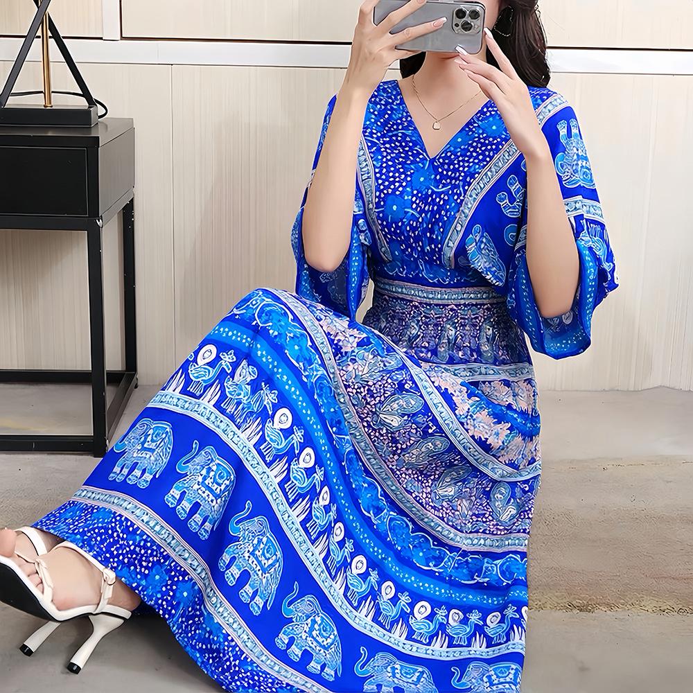 26-Year Floral V-Neck Cotton Silk Batwing Sleeve Beach Dress - Thailand Travel & Vacation Skirt Style