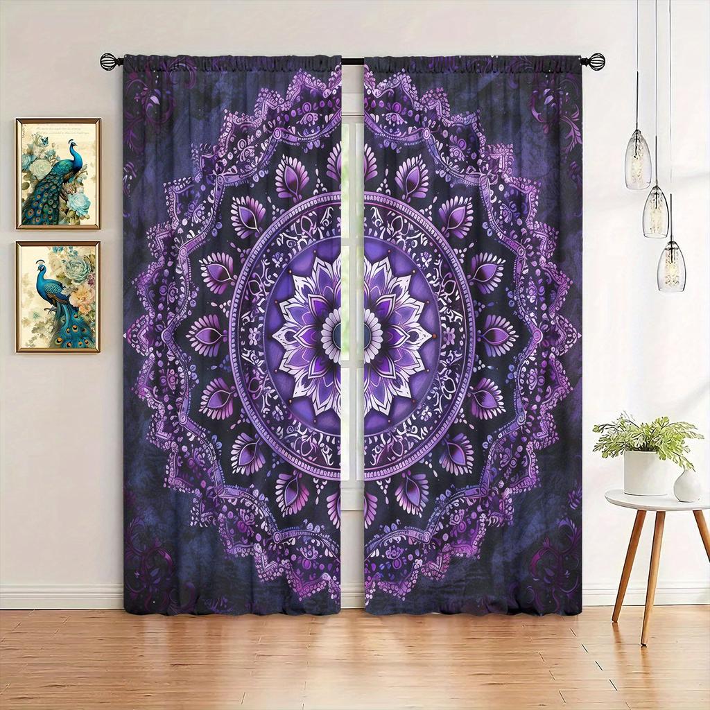 2pcs Purple Black Mandala Printed Curtain for Home Decor - Rod Pocket Window Treatment for Bedroom   Office and Kitchen