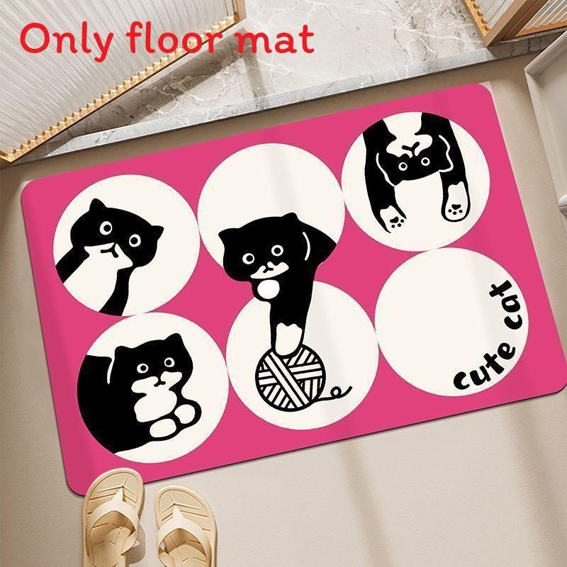 Cute Dog Cartoon Cat Checkered Pattern Diatom Mud Cushion Kitchen Carpet Toilet