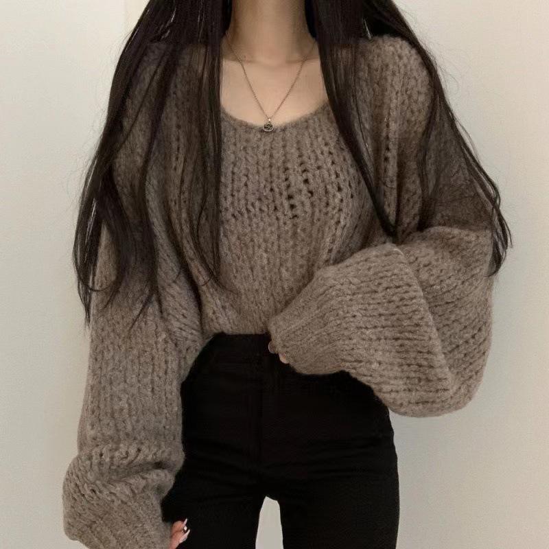 Wind Autumn and Winter Coarse Needle Versatile Knitted Sweater Women's Lazy Wind Round Neck Pullover Loose Lantern Sleeve Sweater Women's Short