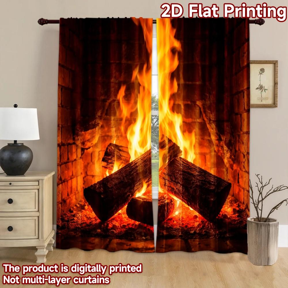 2D flat printing 2pcs Curtain Curtains Warm Glowing Fireplace Digital Printed Polyester Drapes Family Party Decoration Use for