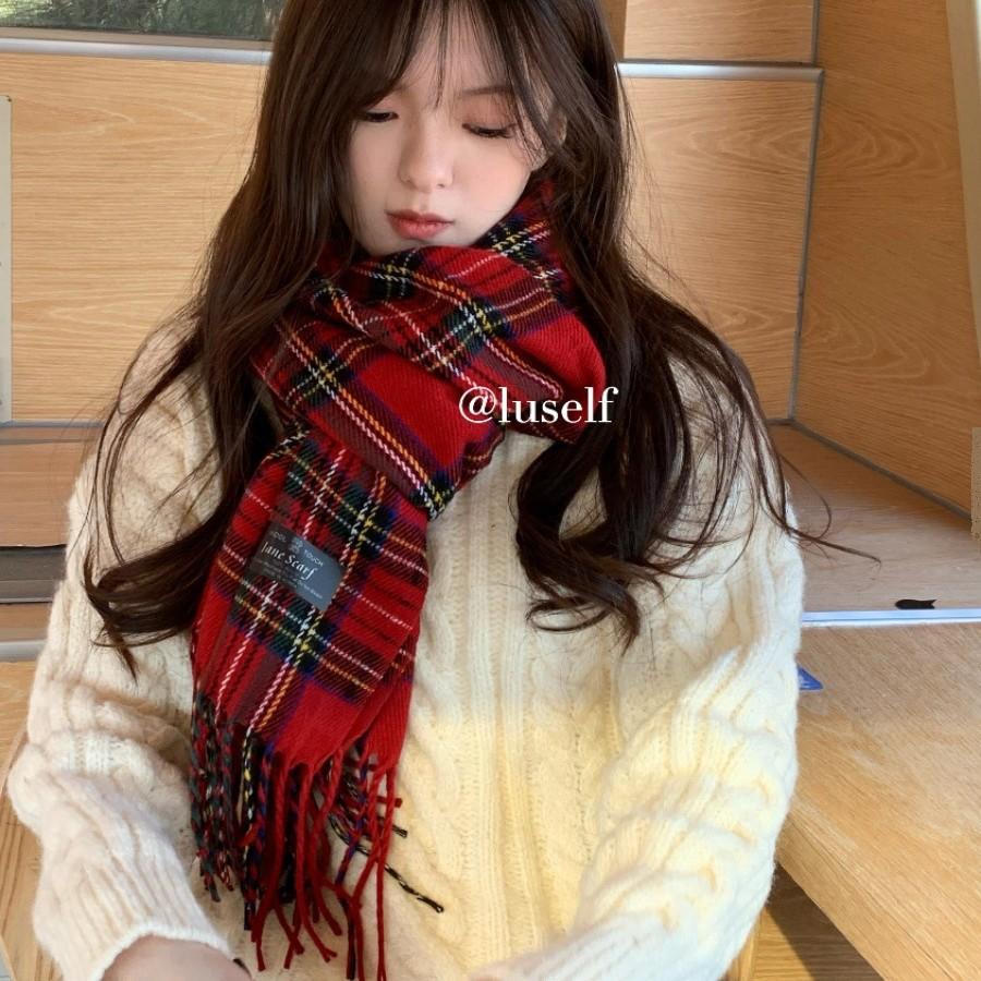Korean Christmas Red Plaid Scarf for Women Winter Warm Retro High End New Year Gift Scarf Shawl for Students