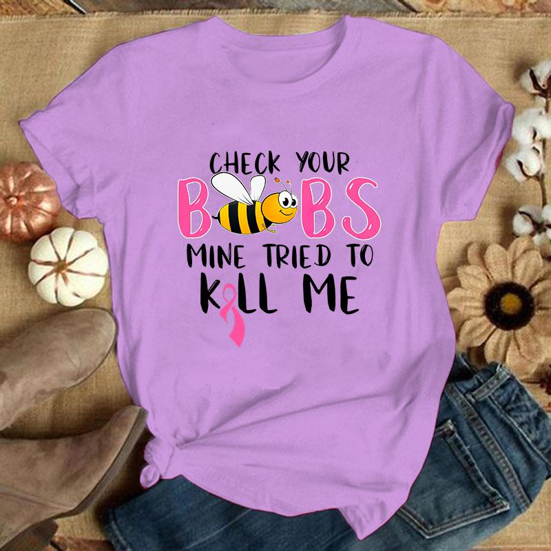 New Hot Breast Cancer Printed T-Shirts Women Girl Casual Loose Round Neck Creative Personalized T-Shirts