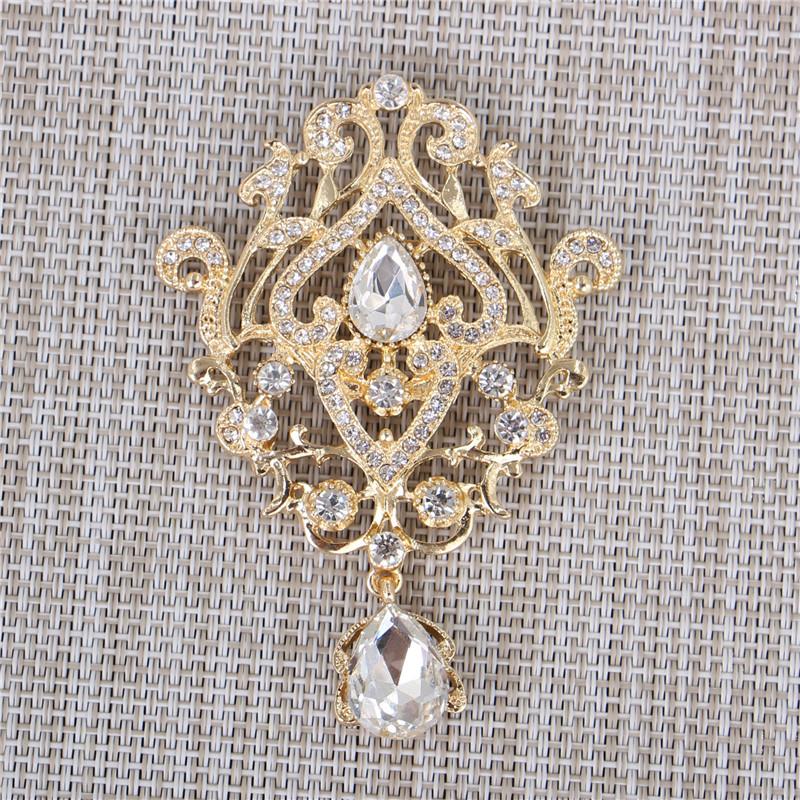 DIEZI Luxury Gold Silver Color Crystal Flower Bridal Brooches for Wedding Women Party Rhinestone Bouquet Water Drop Brooch Pins