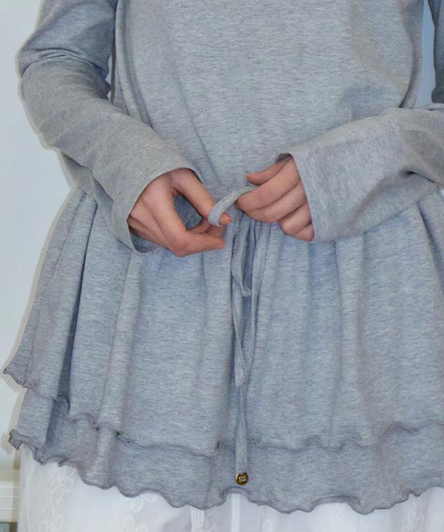 Ronron Drawstring Ruffle Layered Long Sleeve Hoodie Dress Gray
