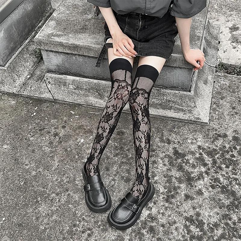 Women Stockings Hollow Out Sexy Lace Floral Mesh Fishnet Stockings Thigh High Socks JK Girls Knee High Socks Thigh High Stocking