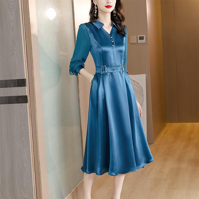 2025 Podzim Jednobarevné saténové šaty s dlouhým rukávem z acetátu - Zeštíhlující a břicho zakrývající design pro elegantní vzhled